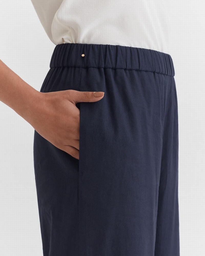 Pantaloni Cuyana Linen Largi Leg Dama Bleumarin | FEN7645TL