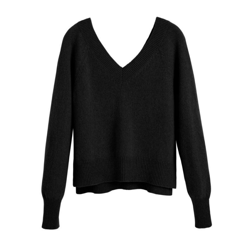 Pulovere Cuyana Recycled Cashmere Deep V-Neck Dama Negrii | GJD1527BS