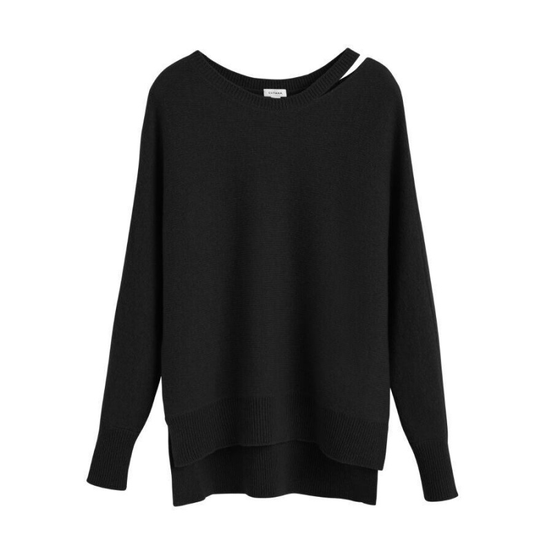 Pulovere Cuyana Recycled Cashmere Split-Neck Dama Negrii | EHA1939JQ