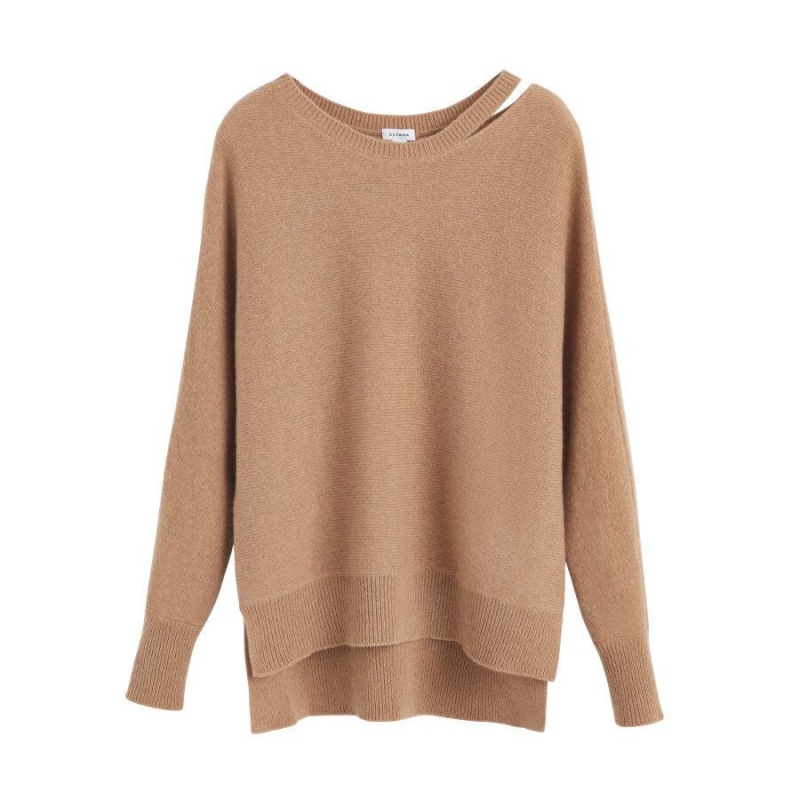 Pulovere Cuyana Recycled Cashmere Split-Neck Dama Maro | LGS539RT