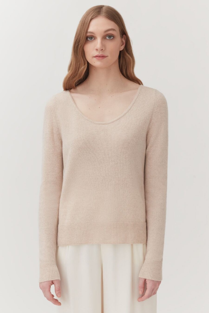 Pulovere Cuyana Single-Origin Cashmere Scoop Neck Dama Bej | DSF5225BR