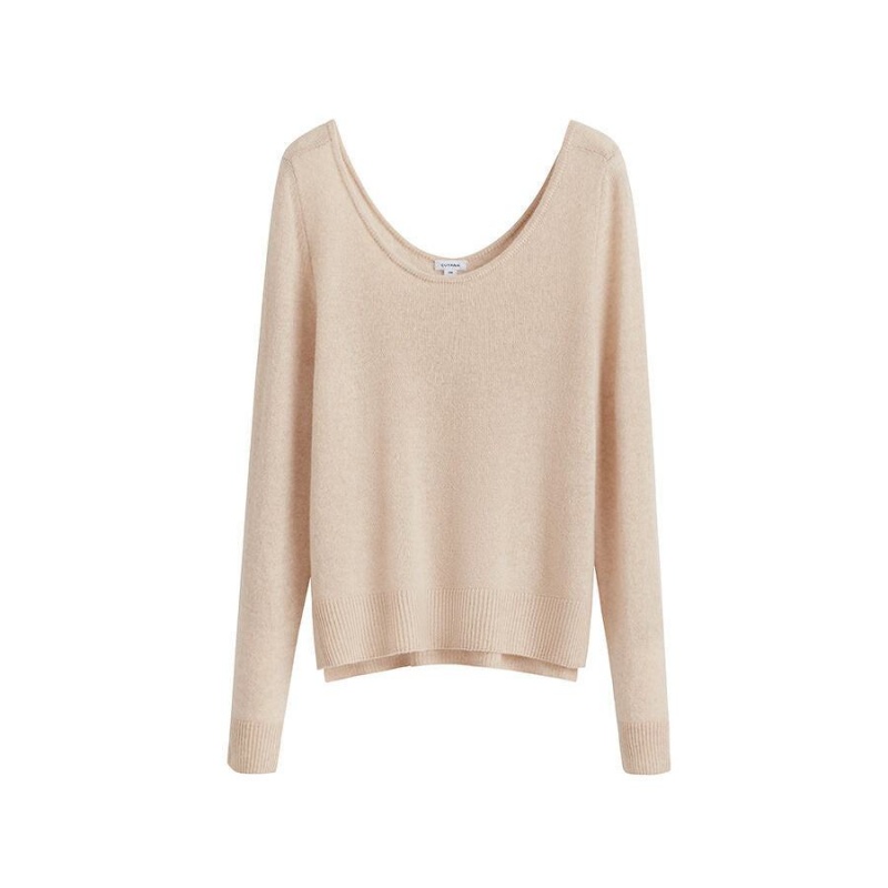 Pulovere Cuyana Single-Origin Cashmere Scoop Neck Dama Bej | DSF5225BR