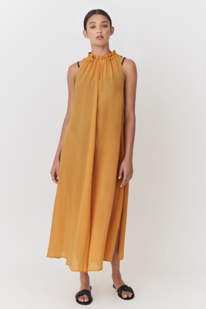 Rochie Cuyana Gathered-Neck Maxi Cover Up Dama Galbeni | CTT4043NQ