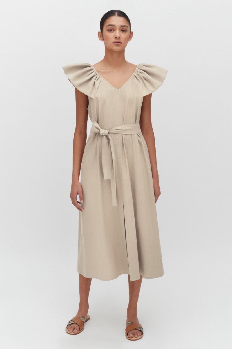 Rochie Cuyana Linen Flutter Sleeve Dama Maro | UUP3898JY